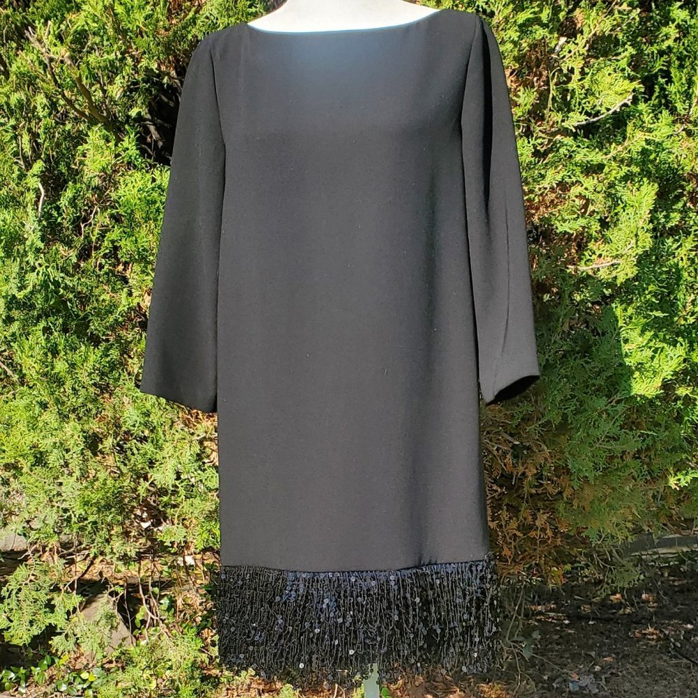 Kate Spade Black Sequin Fringe 3/4 Sleeve Cocktail Holiday Dress